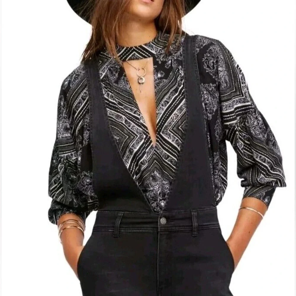 Free People Womens Walking On A‎ Dream Tunic Blouse Black White Oversized S boho